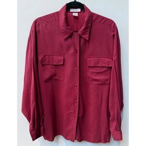 Kikomo Womens 100% Silk Button Down Shirt Burgundy Size L Long Sleeve Blouse